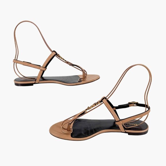 Saint Laurent Cassandra YSL T-Strap Flat Sandals Tan Leather Size 37 US 7 Women - Picture 11 of 15